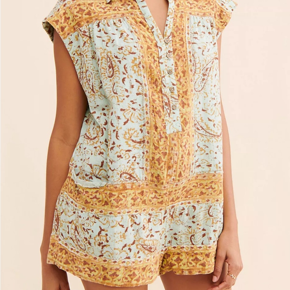 Free People Paisley Print Romper in Blue and Gold